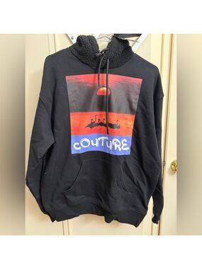 The Couture Club Sunset Flamingo Graphic Hoodie Borg Sherpa Hood Size S NWT